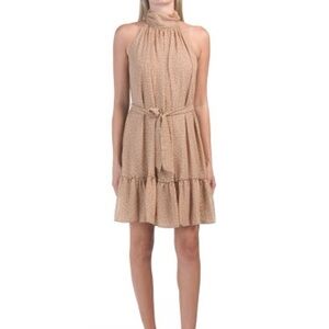 Taylor Tan Polka Dot Mini Dress white beige halter sleeveless ruffle beach 4